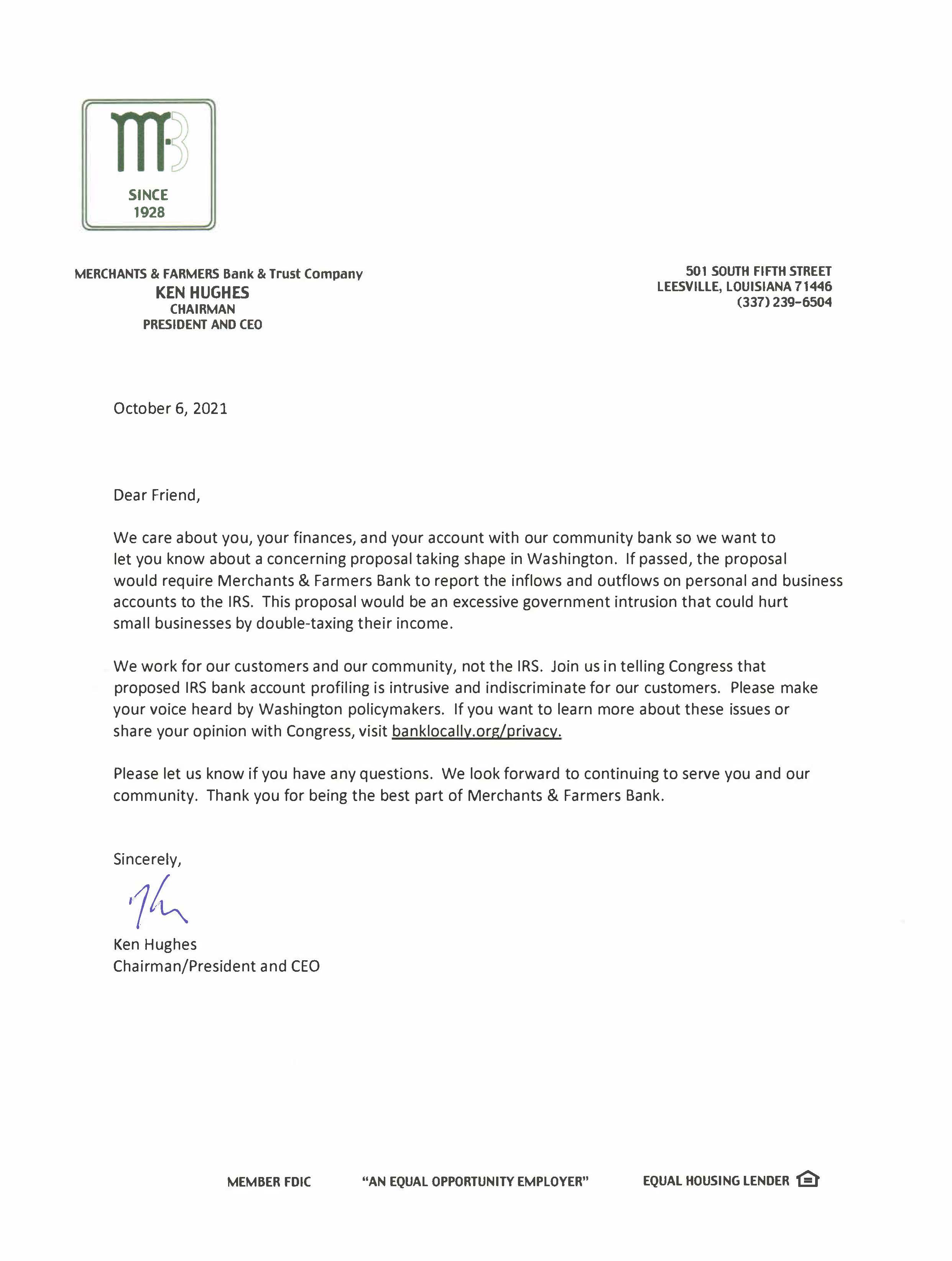 Letter to customers concerning proposed regulatory updates.